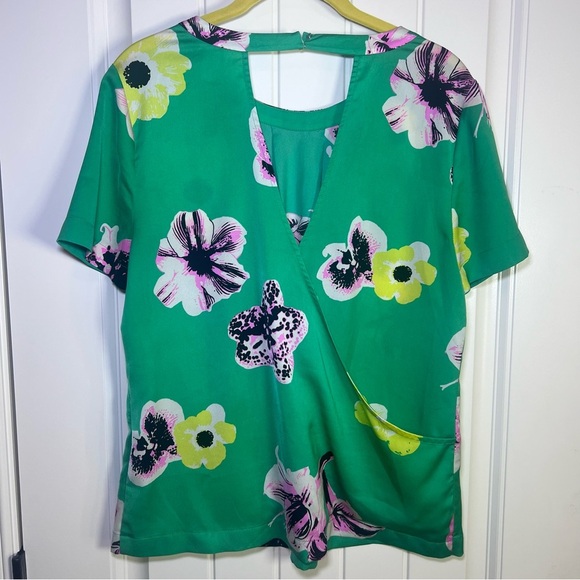 J Crew  Printed Cutaway Top Retro Punk Floral size S Green Boho Cut Out Back - Picture 3 of 10